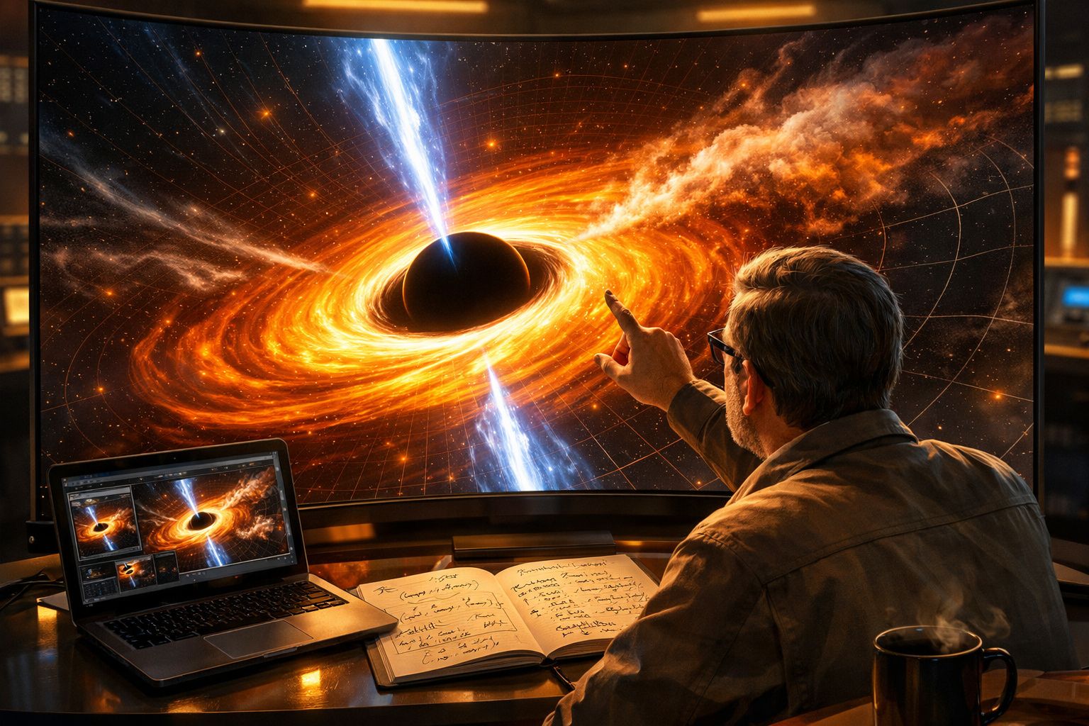 Homem estudando imagem de buraco negro luminoso em tela grande, com laptop e caderno na mesa.