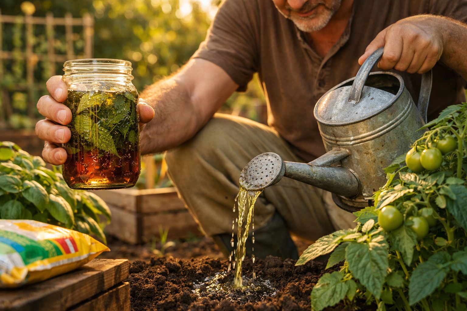Homem regando plantas em horta com regador enquanto segura pote com infusão de plantas.