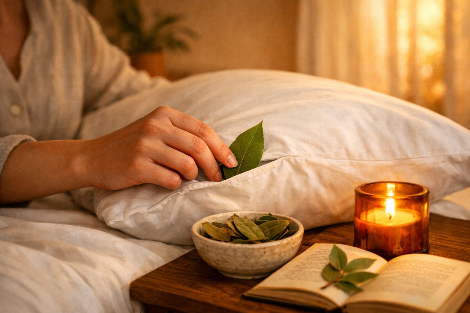 Pessoa colocando folha de louro em fronha de travesseiro com vela acesa e livro aberto à mesa.
