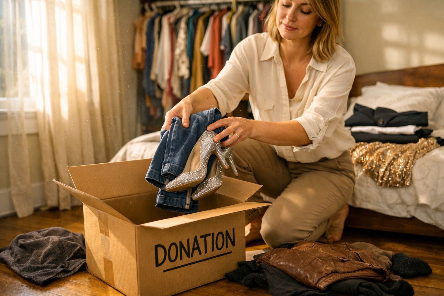 Mulher arrumando roupas e sapatos em caixa de doação dentro de quarto iluminado.