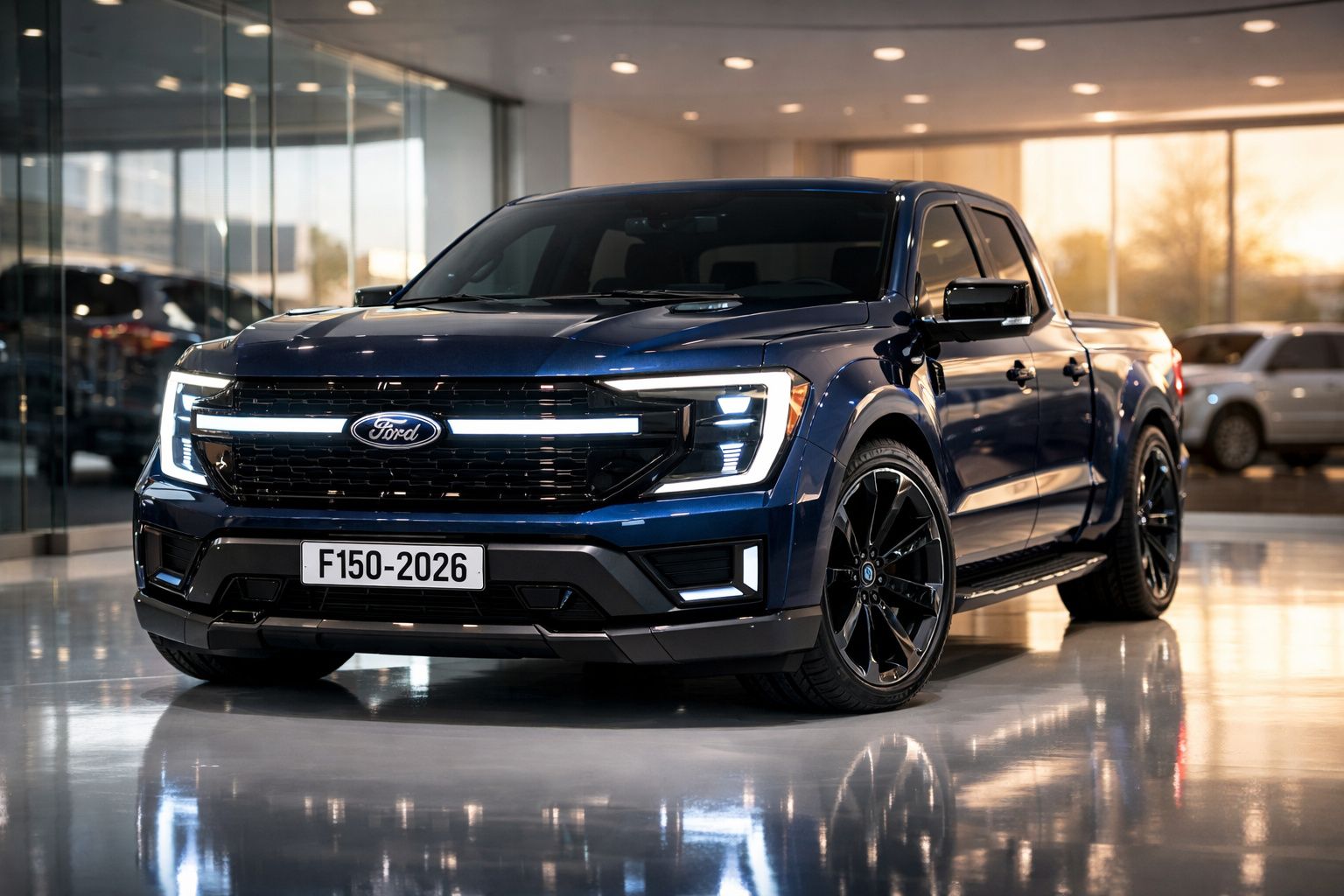 Picape Ford F-150 Lightning azul escuro com faróis acesos em showroom moderno e iluminado.