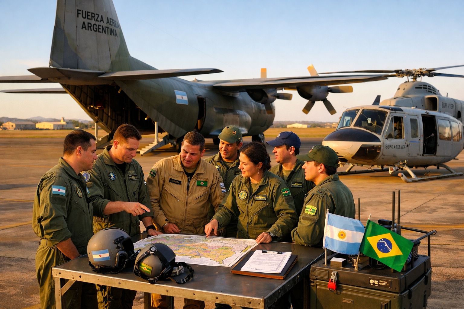 Militares da Argentina e Brasil analisam mapa em base aérea com avião e helicóptero ao fundo.