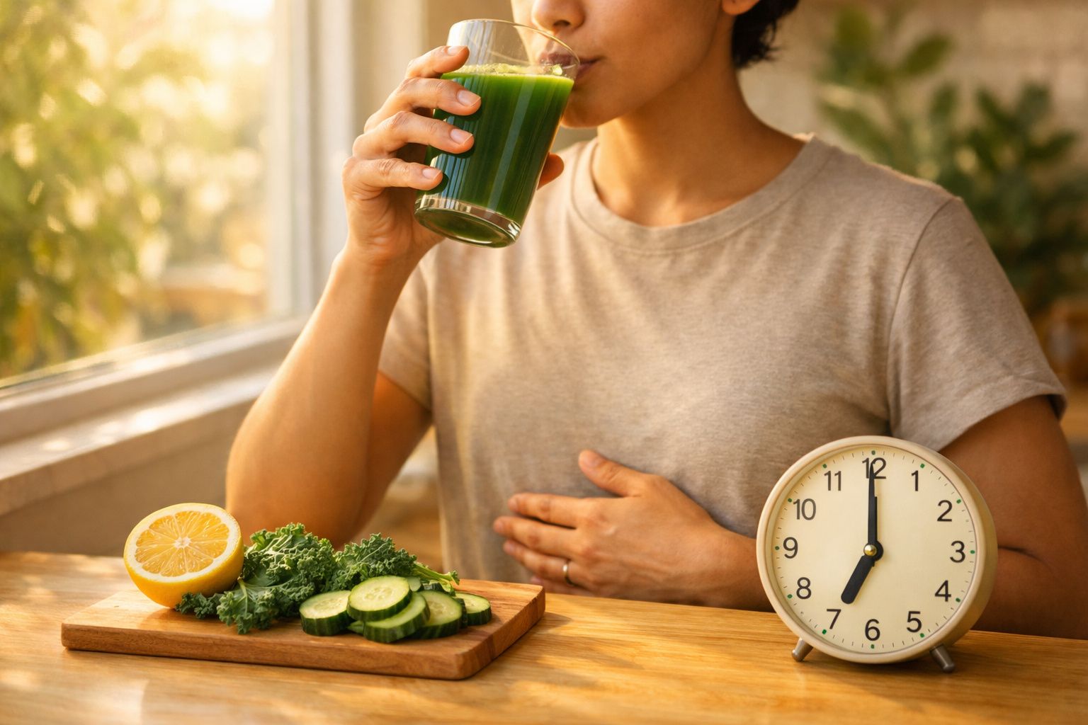 Pessoa bebendo suco verde ao lado de legumes cortados e relógio marcando 7 horas em mesa iluminada.