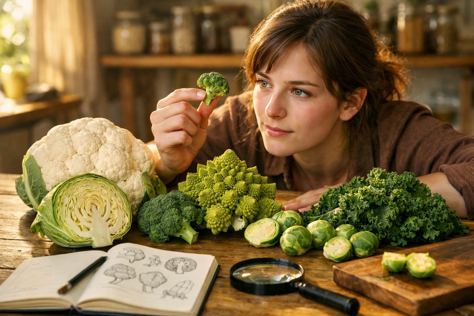 Mulher observa pedaço de brócolis com variedade de couve-flor, brócolis e couve-de-bruxelas sobre mesa.