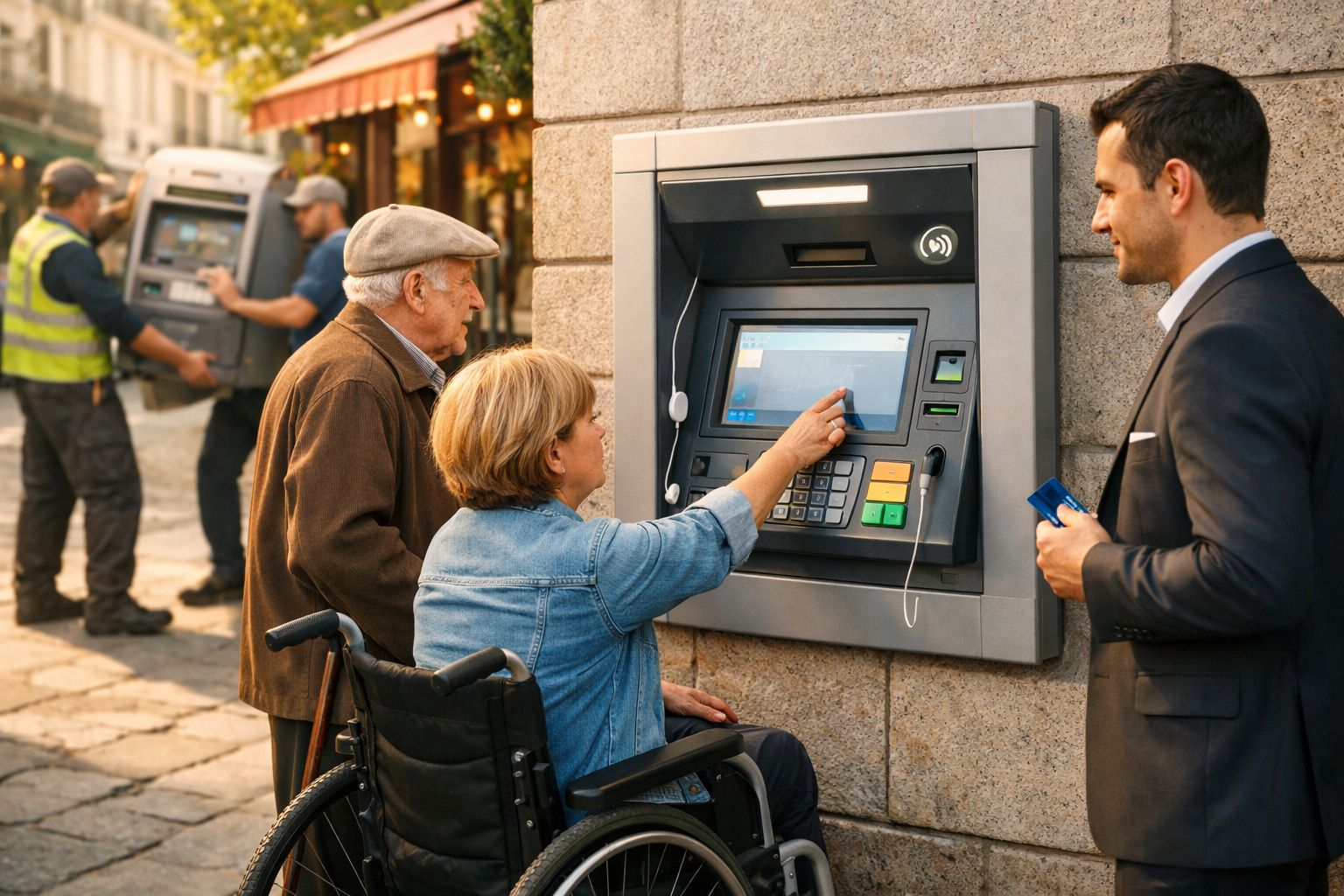 Pessoas usando caixas eletrônicos em uma rua movimentada, incluindo mulher em cadeira de rodas e homem de terno.