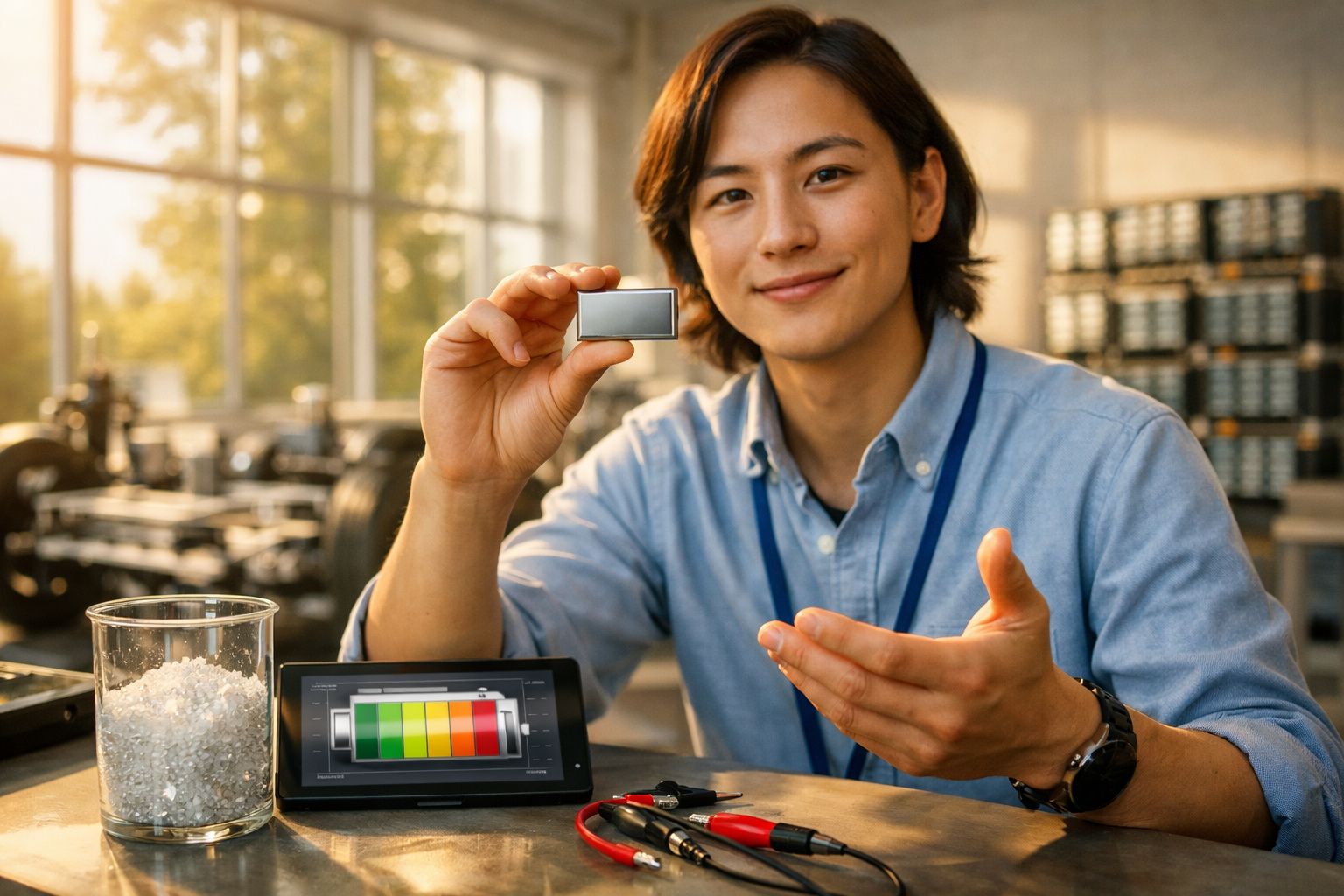 Homem segurando pequena bateria perto de dispositivo com gráfico de carga em laboratório iluminado pela manhã.