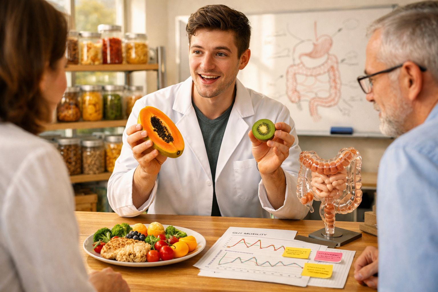 Nutricionista explicando benefícios de frutas e alimentação saudável para casal em consulta.