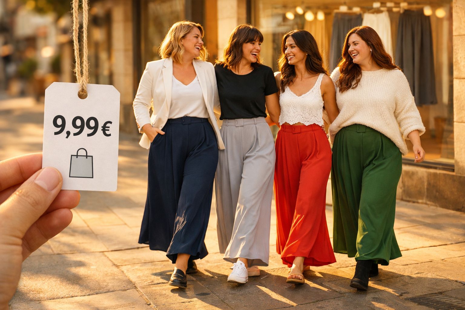 Mulheres sorrindo e caminhando com calças coloridas, preço promocional de 9,99 euros em destaque.