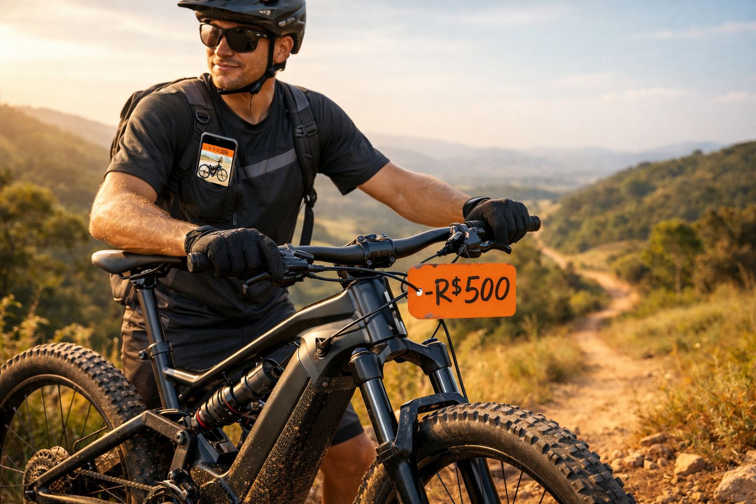 Homem com óculos escuros segura bicicleta preta com desconto de R$ 500 em trilha ao ar livre.