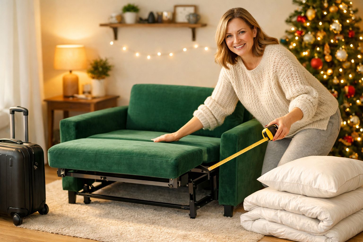 Mulher mede sofá-cama verde em sala decorada para Natal com árvore, almofadas e mala preta.