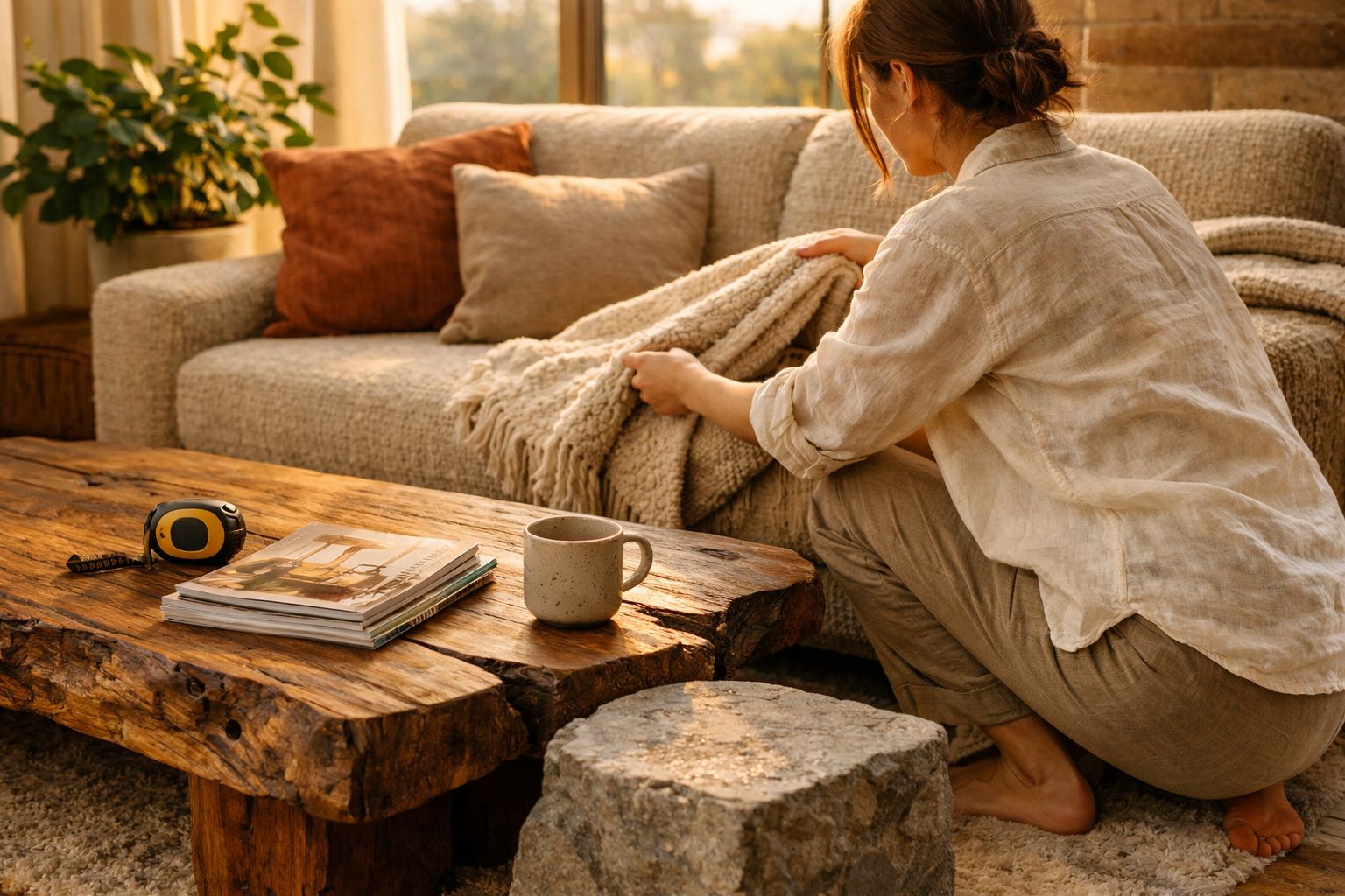 Pessoa arrumando manta em sofá em sala aconchegante com mesa rústica, livros e xícara.