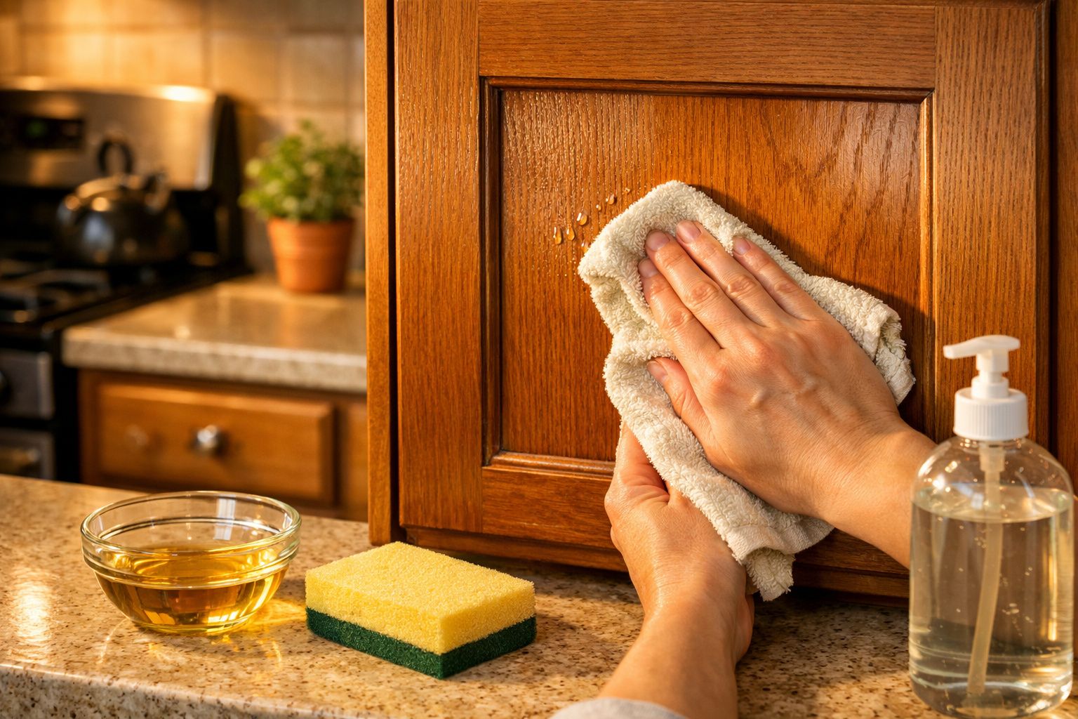Mãos limpando armário de madeira com pano úmido, esponja, óleo e frasco de sabonete líquido na cozinha.