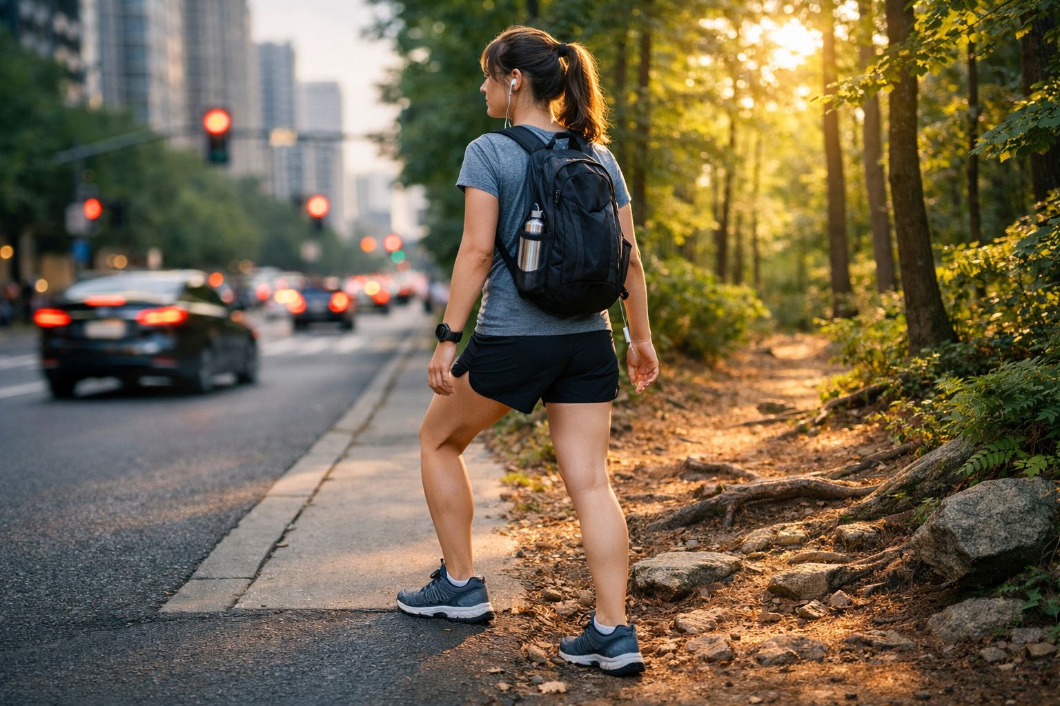 Mulher com mochila e fones, alongando perna na calçada ao lado de estrada e área de mata urbana.