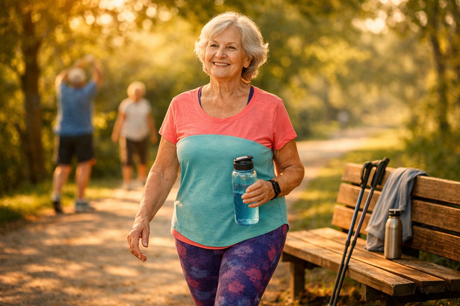 Mulher idosa caminhando com garrafa de água em parque, pessoas se exercitando ao fundo.