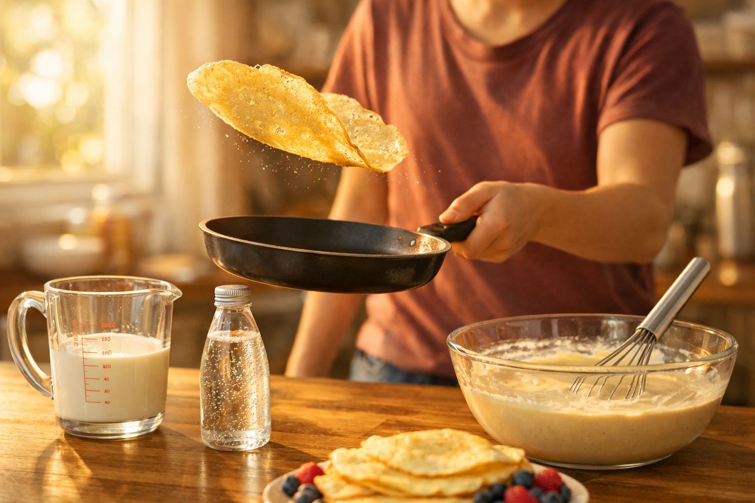 Pessoa virando panqueca em frigideira com tigela, jarra de leite e garrafa na bancada.