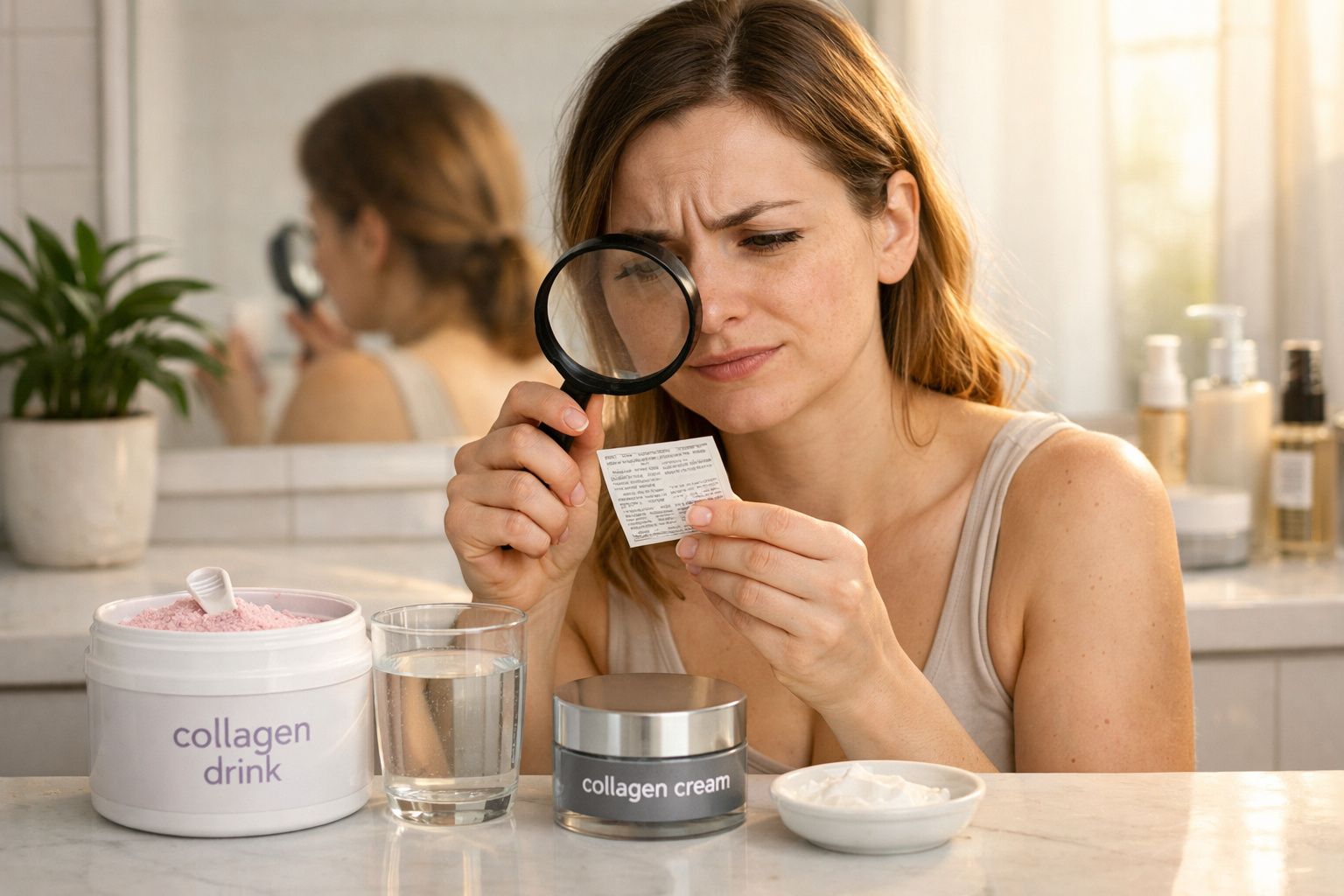 Mulher analisando informações de rótulo com lupa, produtos de colágeno e copo d’água em bancada.