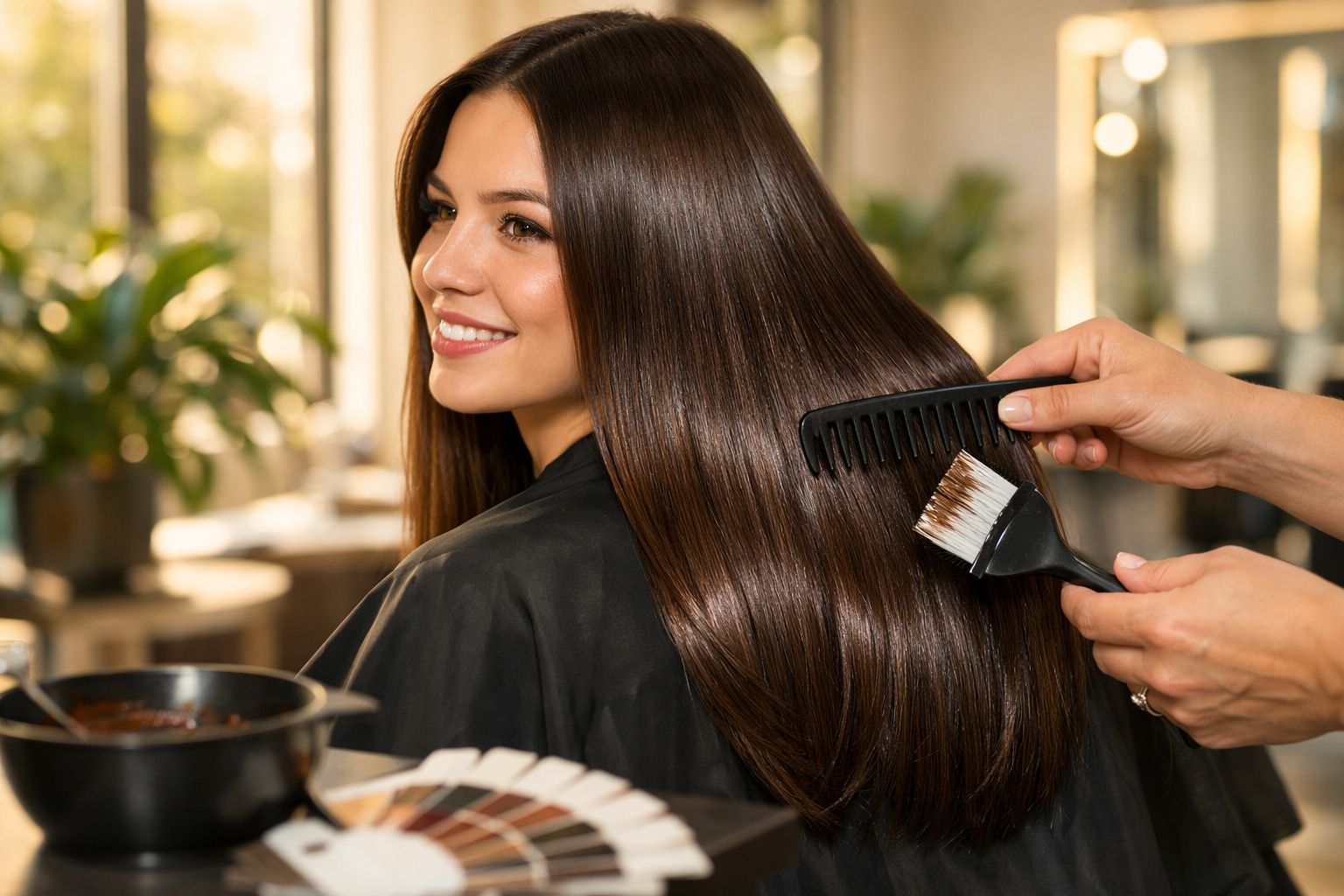 Mulher sorrindo com cabelo longo e liso sendo penteada e preparada para coloração em salão.