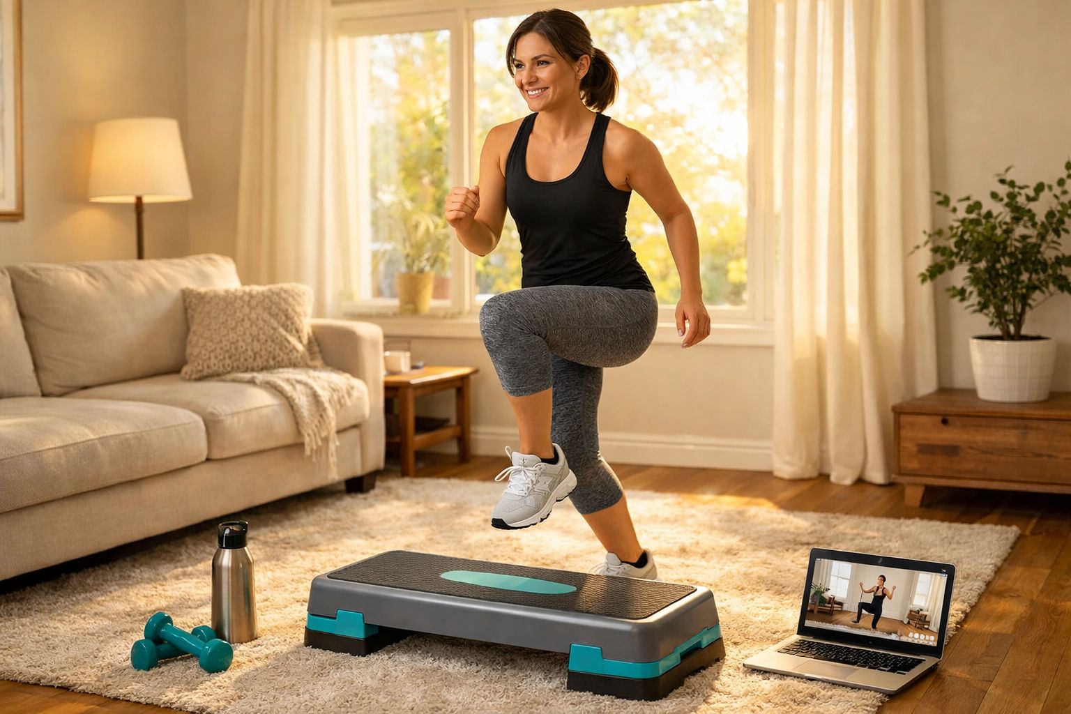 Mulher praticando exercícios em casa com step e vídeo de treino no computador em sala iluminada.