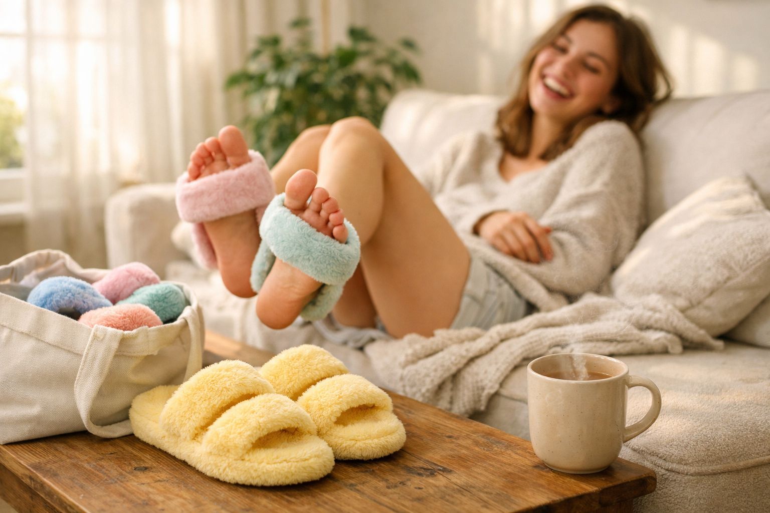 Mulher sorridente relaxa no sofá usando chinelos peludos coloridos, com mais chinelos e xícara na mesa.