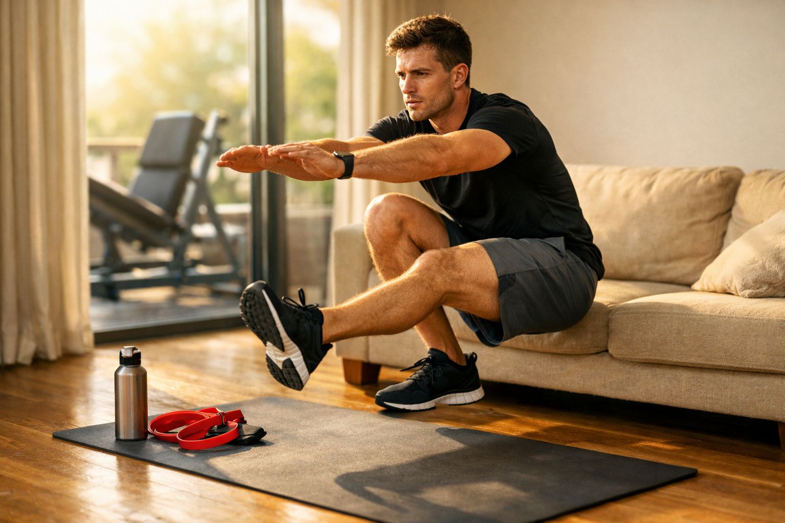 Homem faz exercício de equilíbrio em um ambiente interno com tapete, garrafa e fones ao lado.
