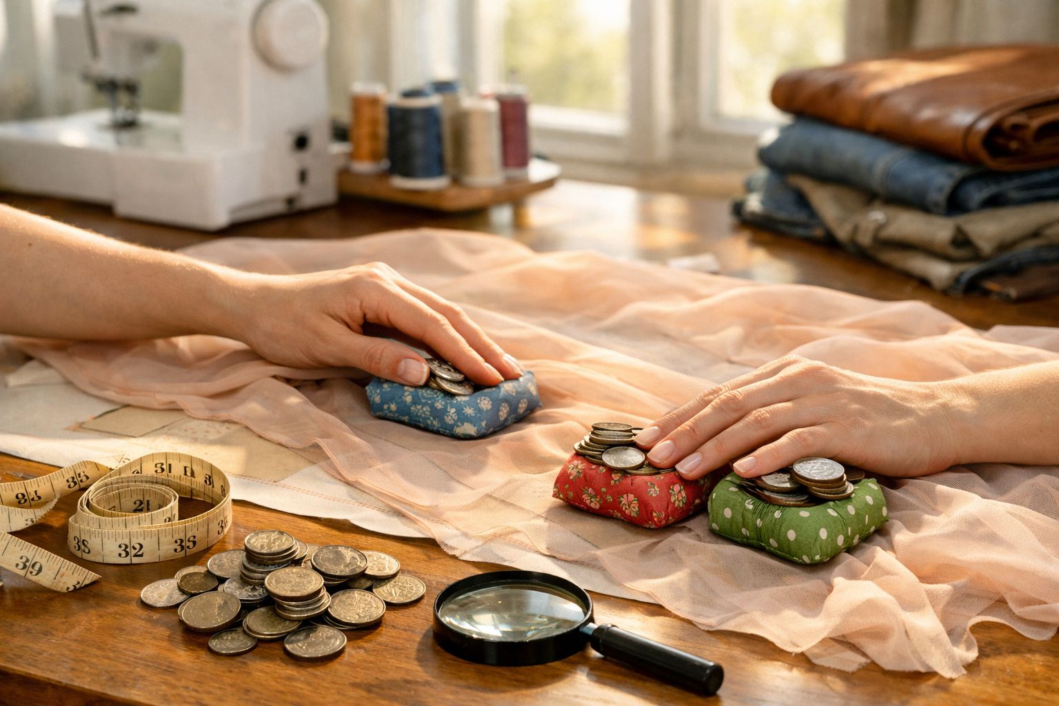Duas mãos organizam moedas sobre almofadas coloridas em mesa com tecido, fita métrica e lupa.
