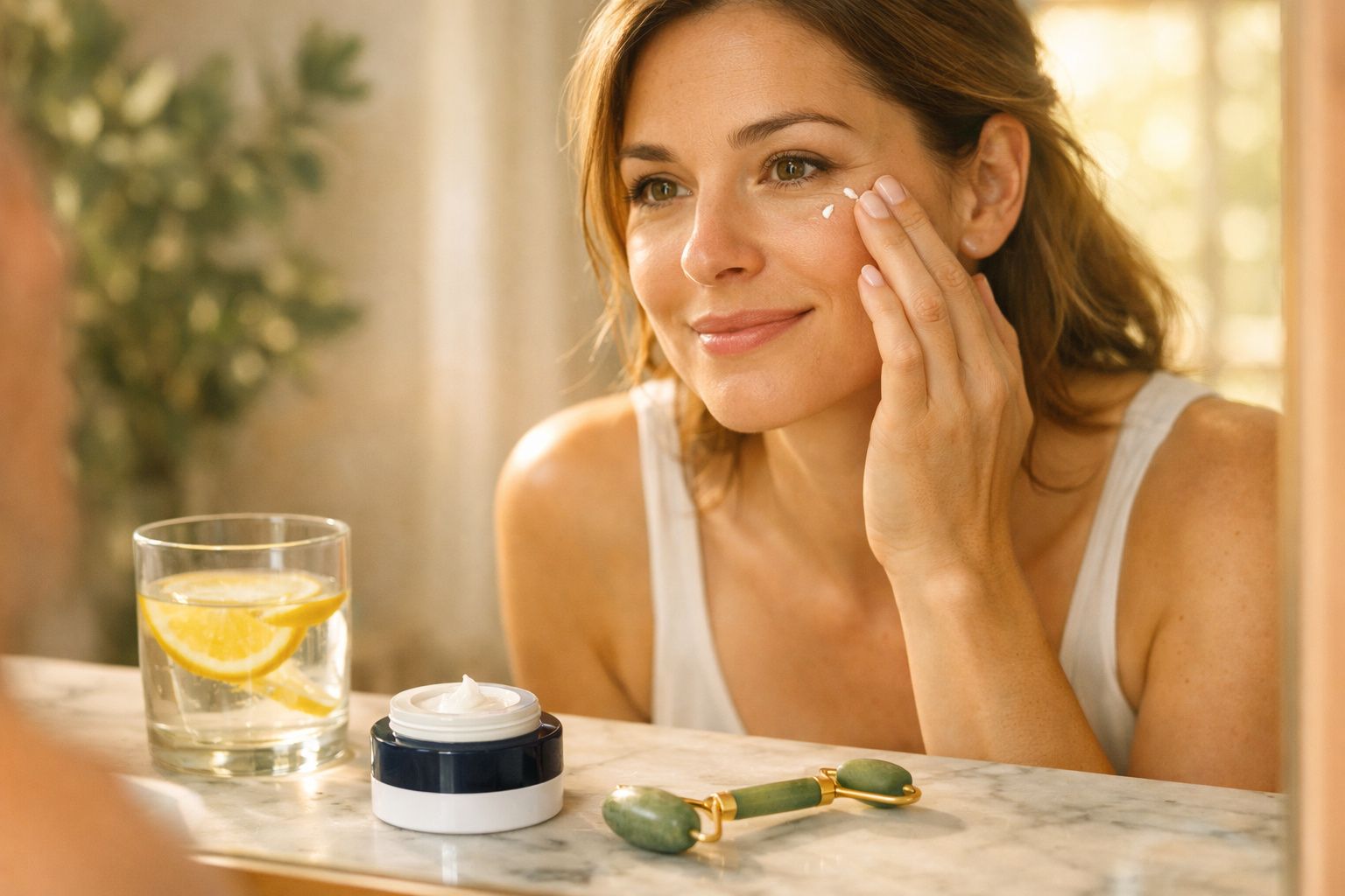 Mulher aplicando creme facial no rosto, com copo de água e pedra de massagem na mesa.