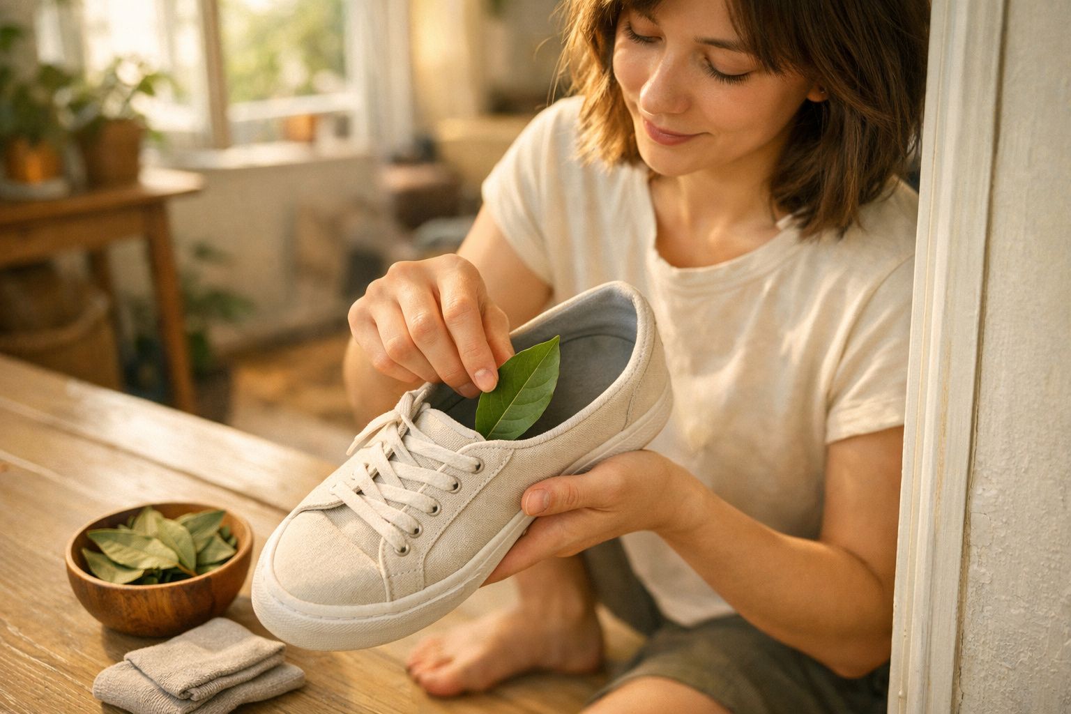 Mulher coloca folha verde dentro de tênis branco em ambiente interno iluminado.
