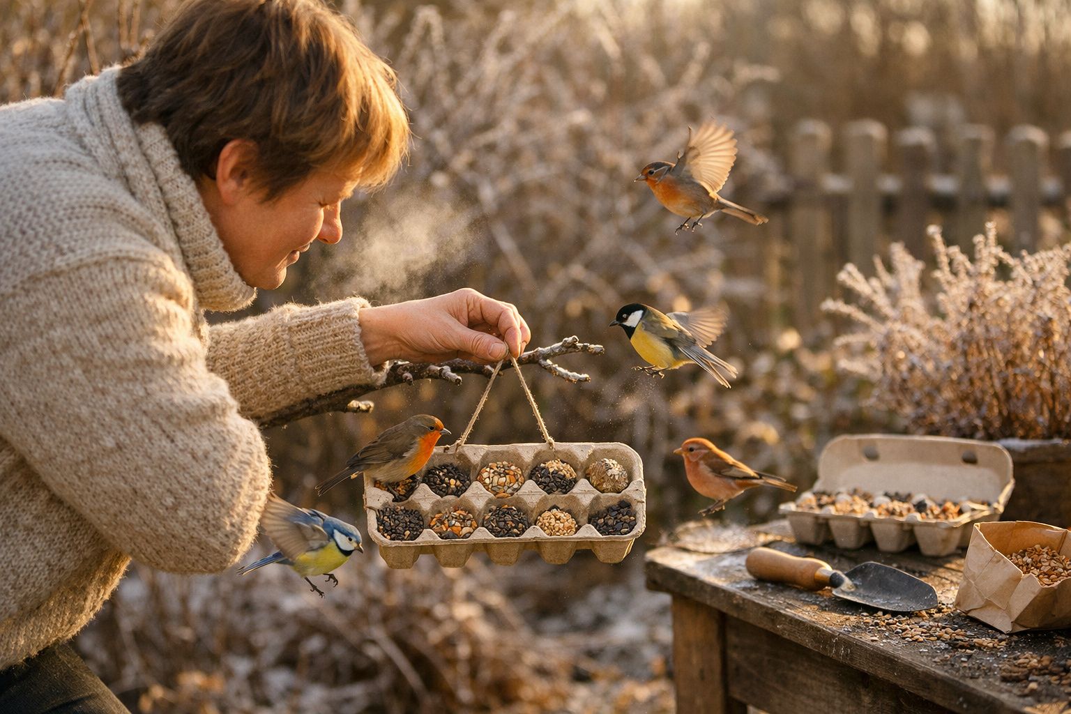 Pessoa alimenta pássaros com comedouro feito de caixa de ovos em manhã fria de inverno.