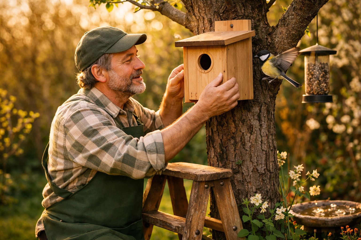 Homem instalando casa de passarinho em árvore enquanto um pássaro voa próximo em jardim ao entardecer.