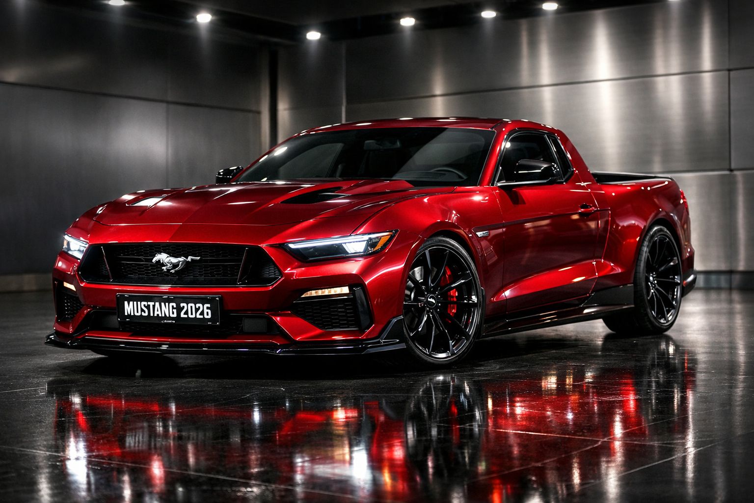 Carro esportivo Ford Mustang 2026 vermelho brilhante estacionado em ambiente interno escuro com piso refletivo.