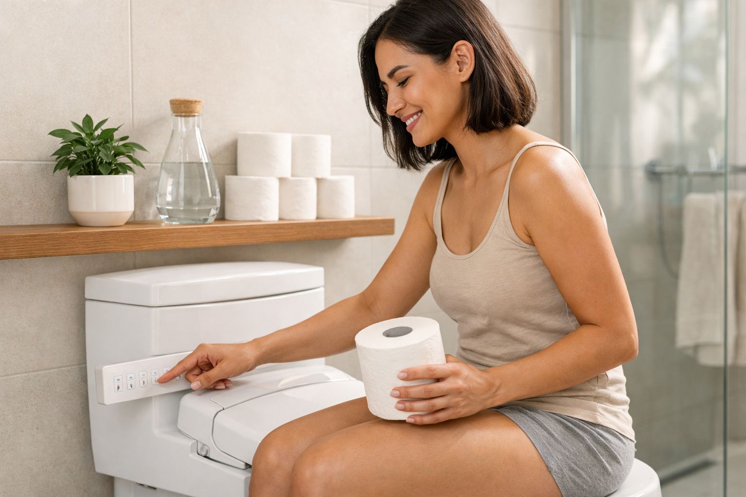 Mulher sentada no vaso sanitário, segurando papel higiênico e pressionando controle ao lado.
