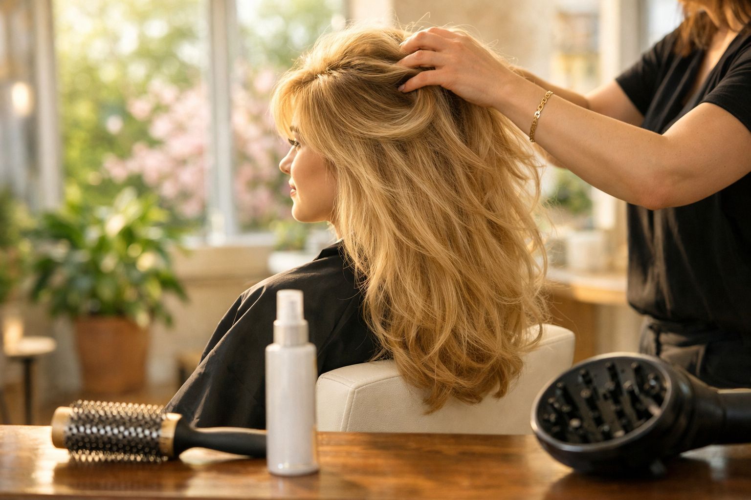 Mulher loira sendo penteada em salão de beleza com secador e escova na mesa.