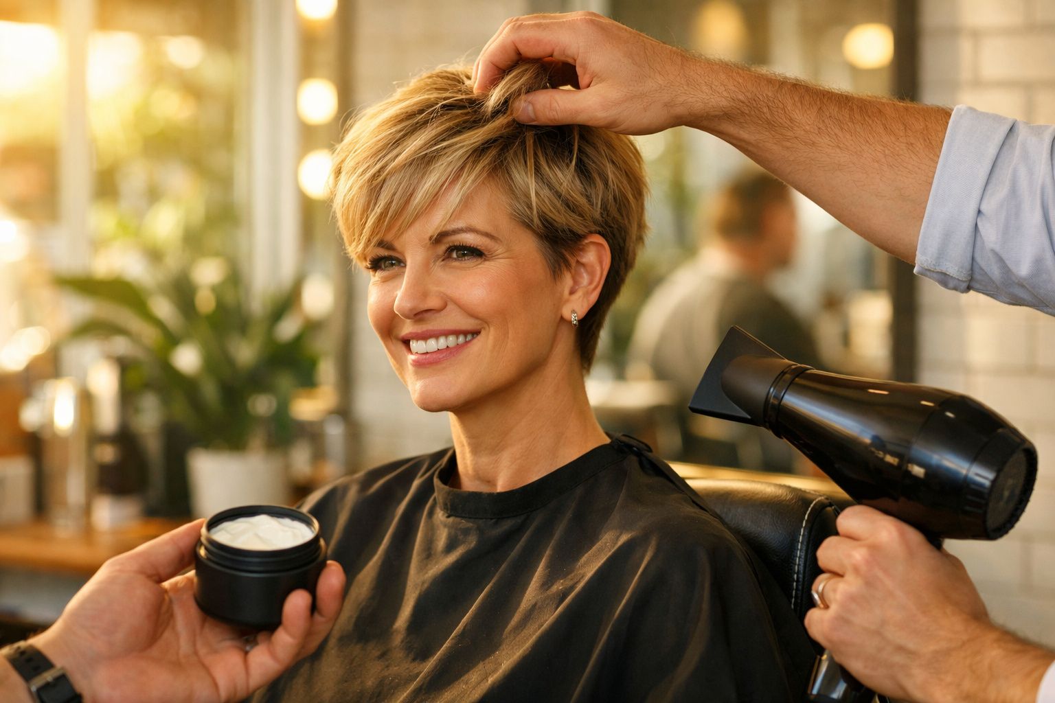 Mulher sorrindo com cabelo curto sendo penteada e secada em salão de beleza.