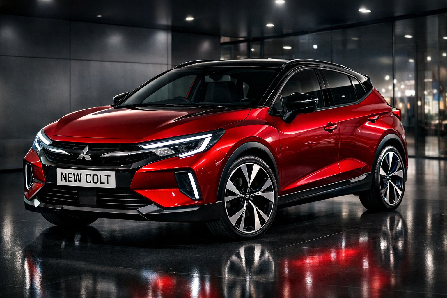 Carro esportivo vermelho Mitsubishi New Colt estacionado em ambiente moderno com piso refletivo.