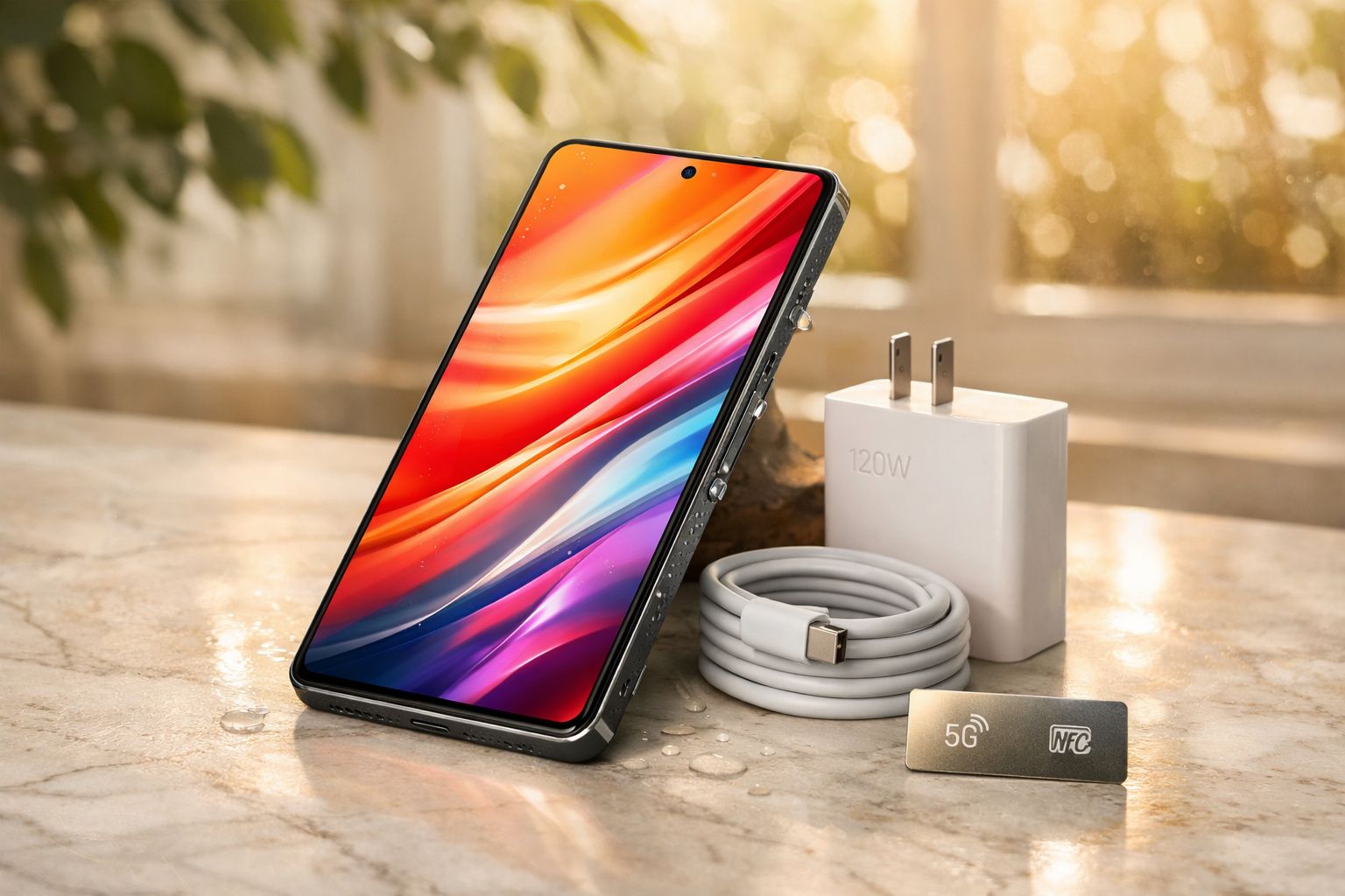 Smartphone preto com tela colorida, carregador branco de 120W e cabo USB-C sobre superfície branca.