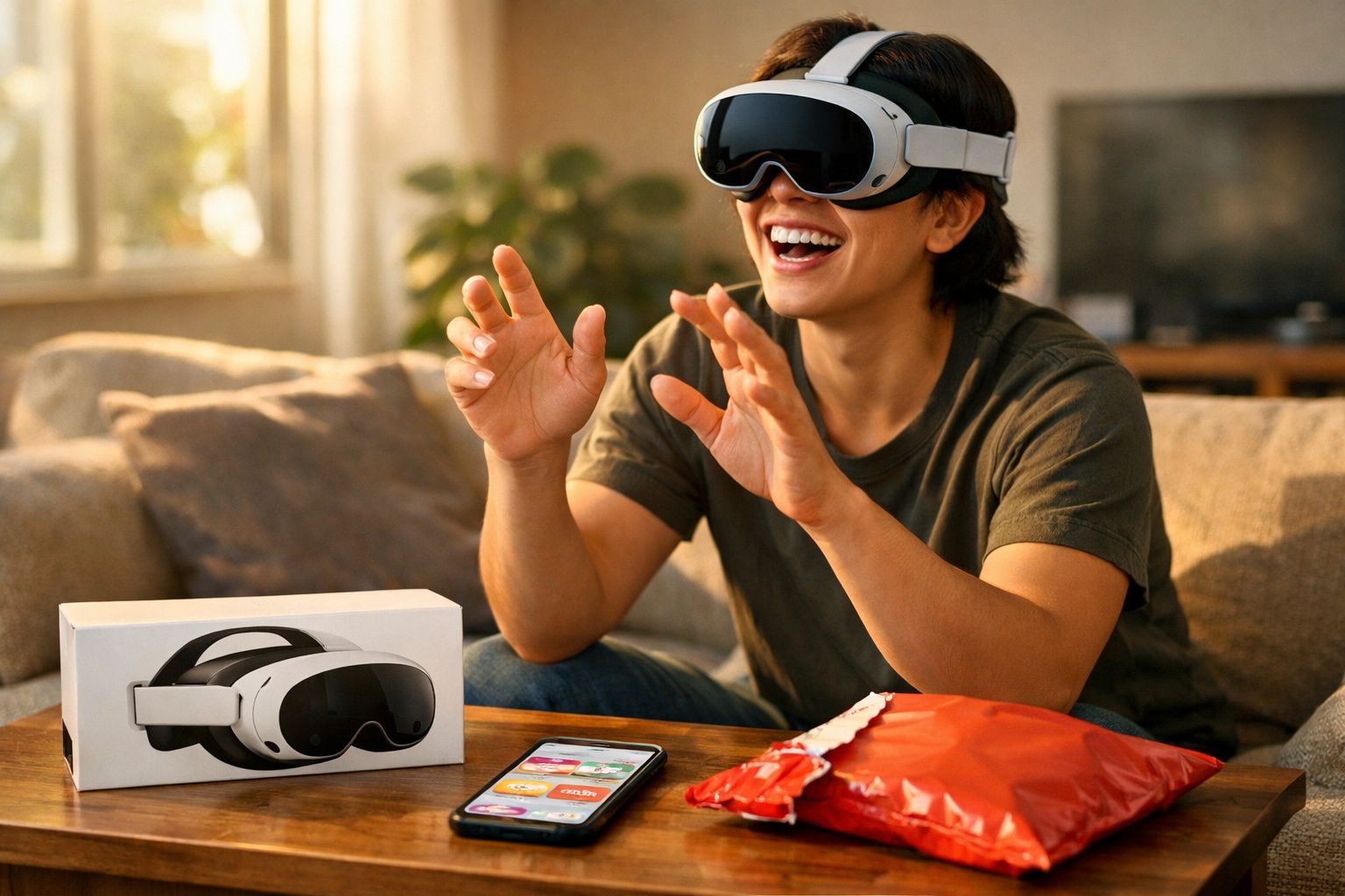 Pessoa sorridente usando óculos de realidade virtual sentada no sofá com fones na mesa à frente.