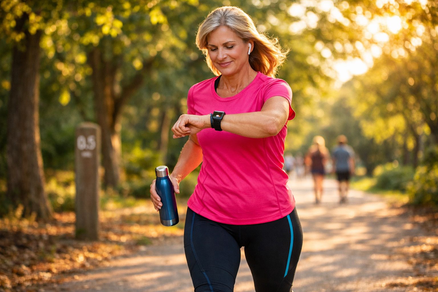Mulher sorrindo corre em parque ao entardecer, usando roupa esportiva e smartwatch.