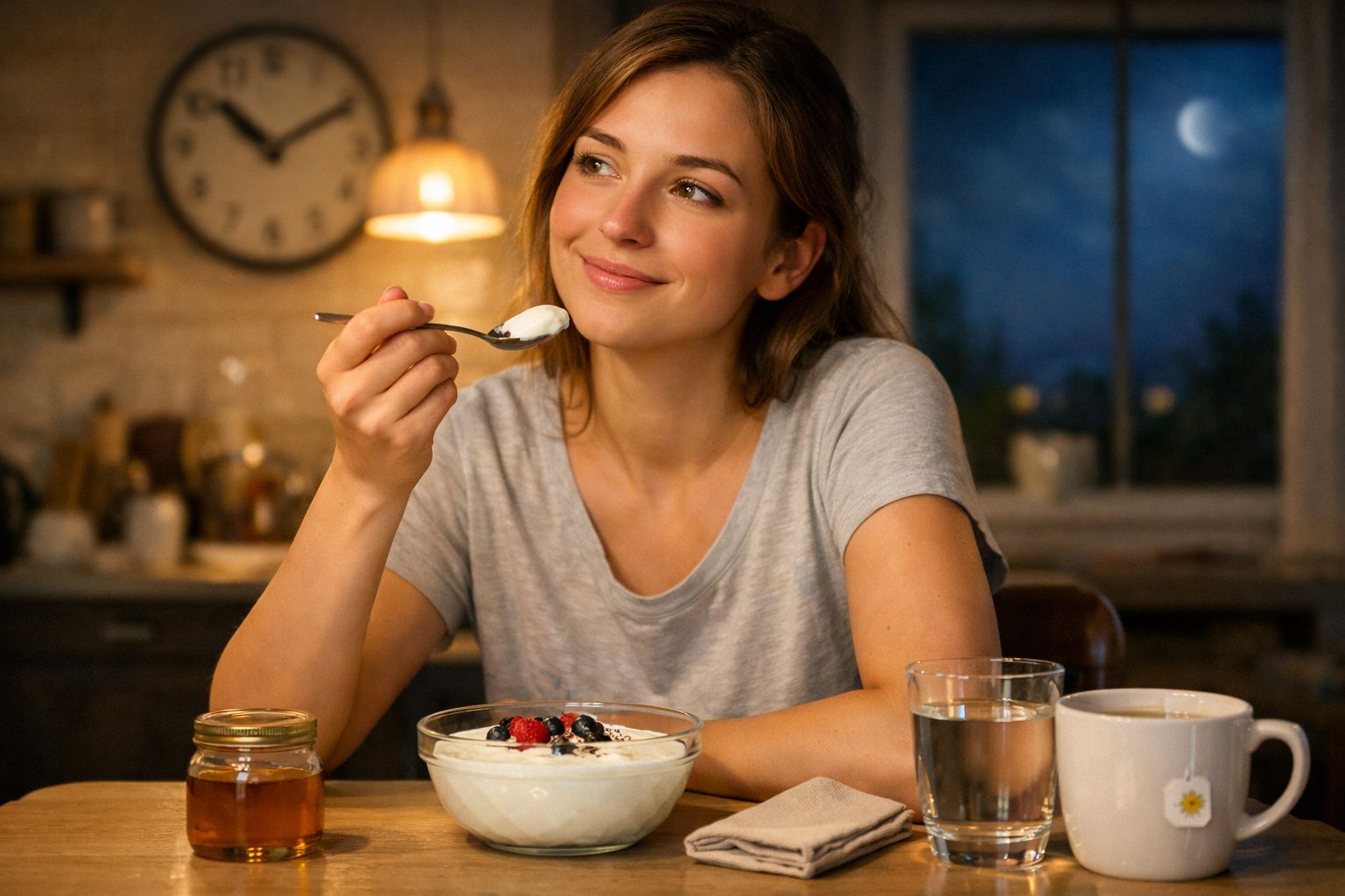 Mulher sorridente comendo iogurte com frutas na cozinha à noite, com relógio e janela ao fundo.