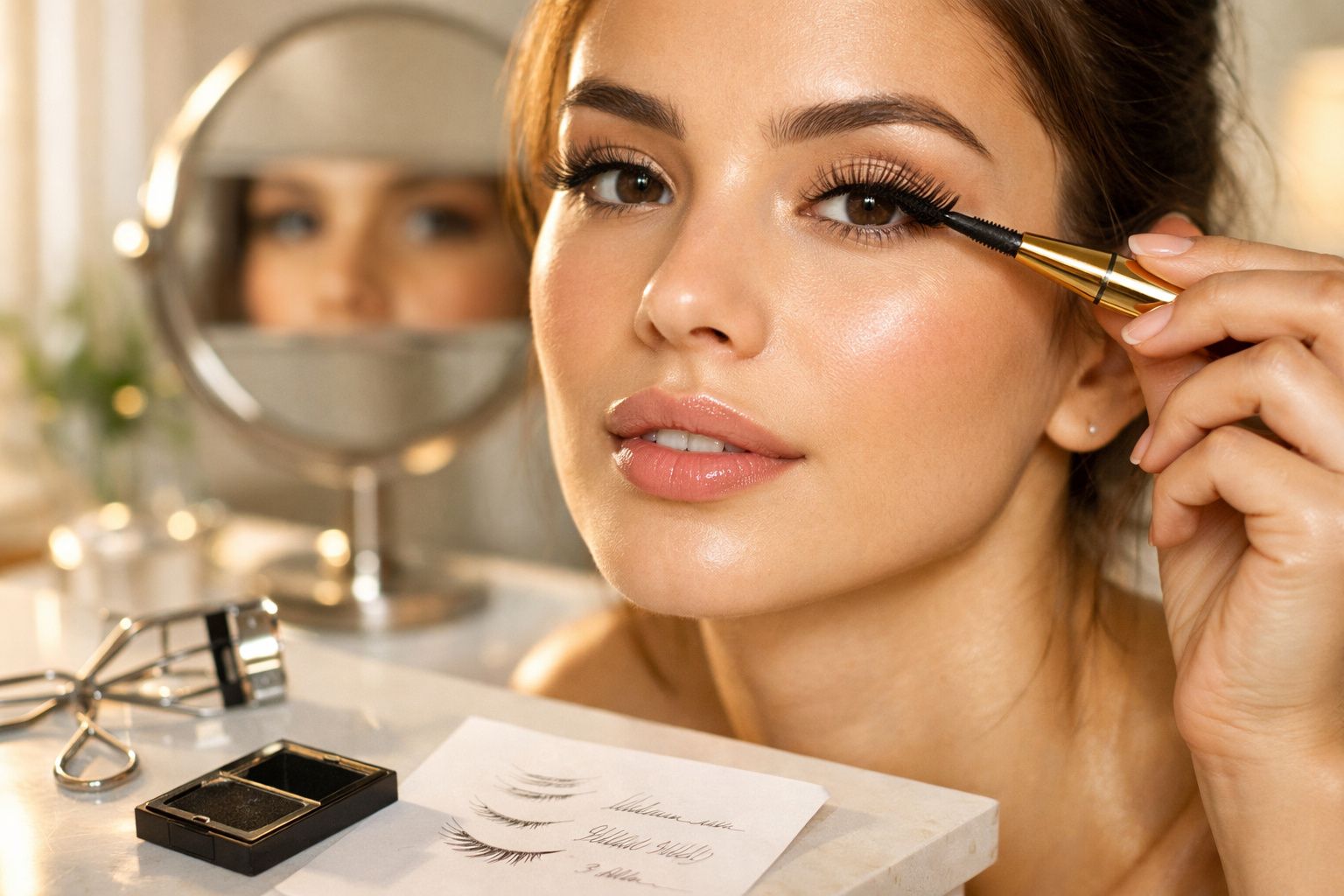 Mulher aplicando máscara de cílios com espelho e acessórios de maquiagem ao fundo.