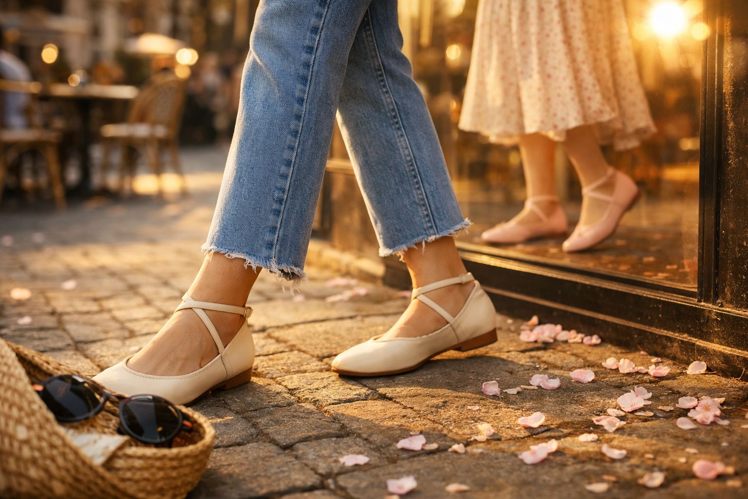 Pés femininos usando sapatilhas bege com tiras cruzadas, calça jeans e pétalas no chão de paralelepípedo.