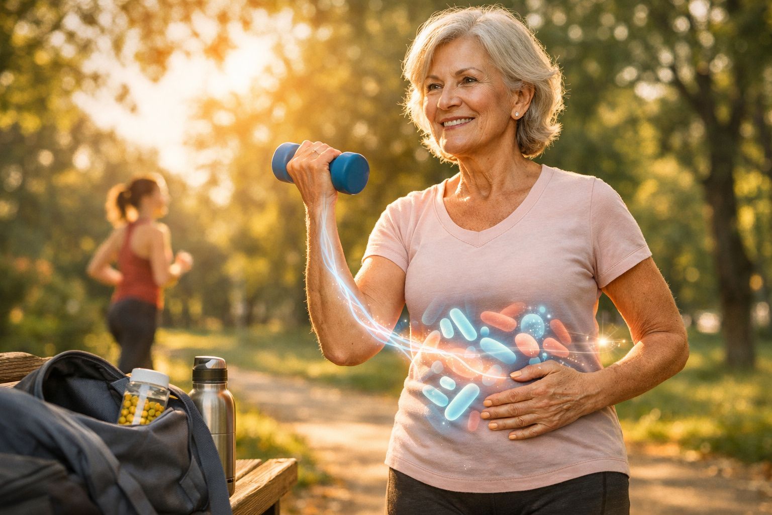 Mulher idosa sorridente levantando peso e segurando a barriga com pílulas holográficas, ao ar livre.