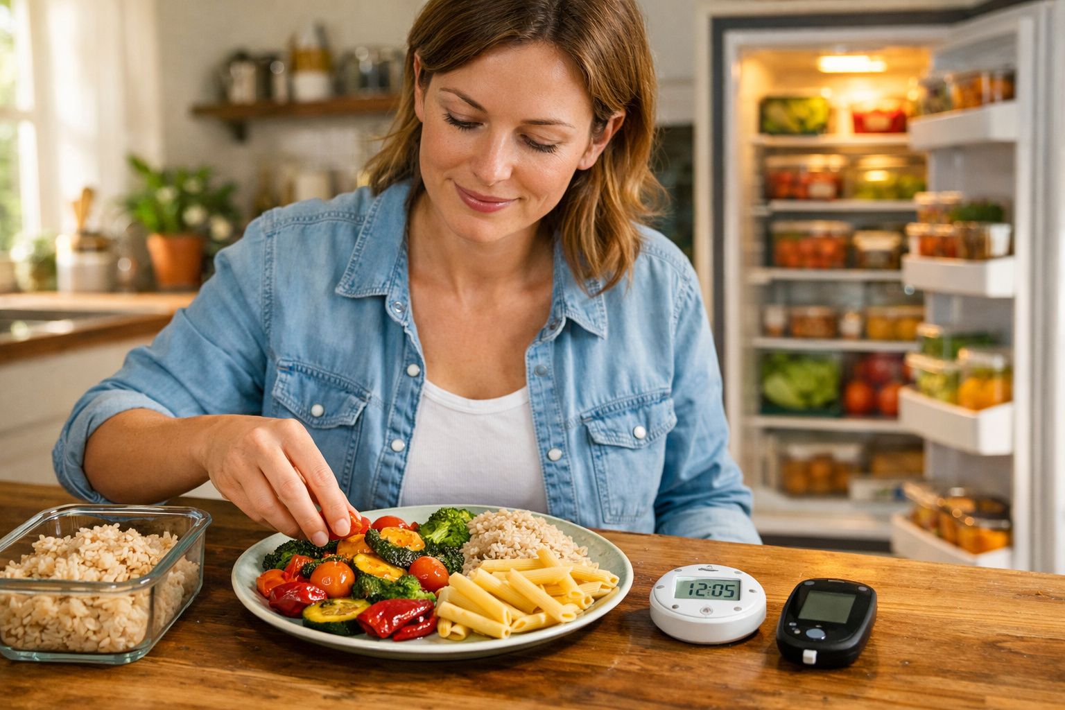 Mulher ajustando comida saudável em prato, com geladeira aberta e aparelho de monitoramento ao lado.