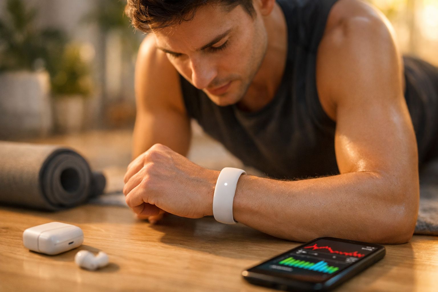 Homem deitado observando pulseira fitness branca durante treino com celular e fones ao lado.