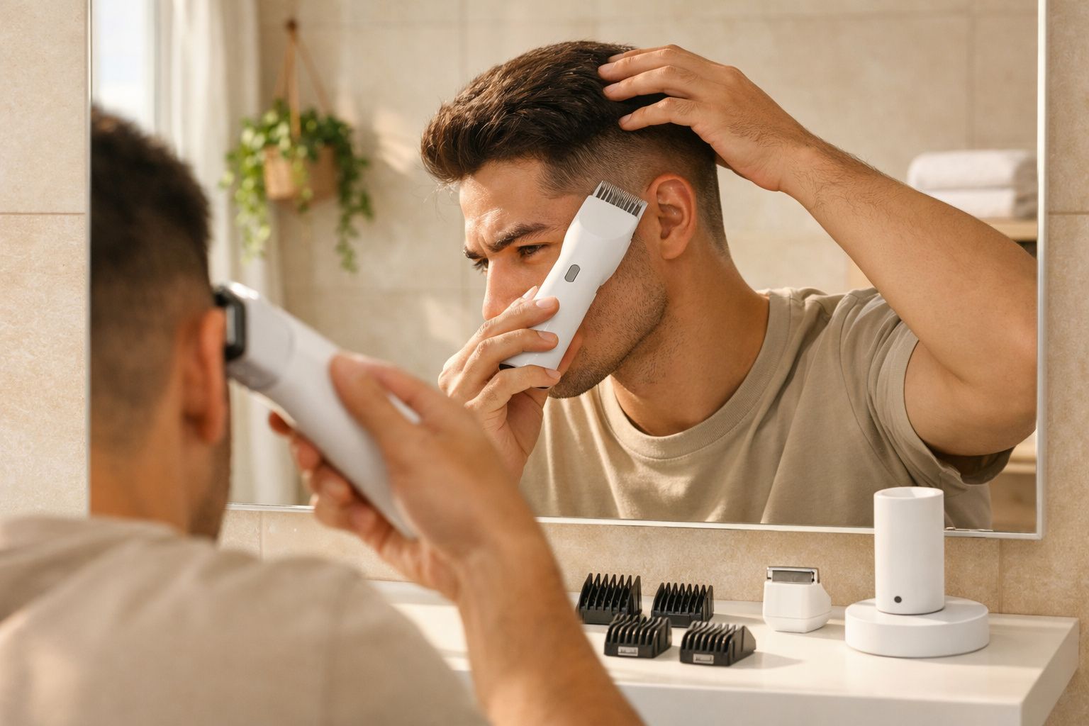 Homem usando máquina de cortar cabelo para aparar o cabelo em frente ao espelho no banheiro.