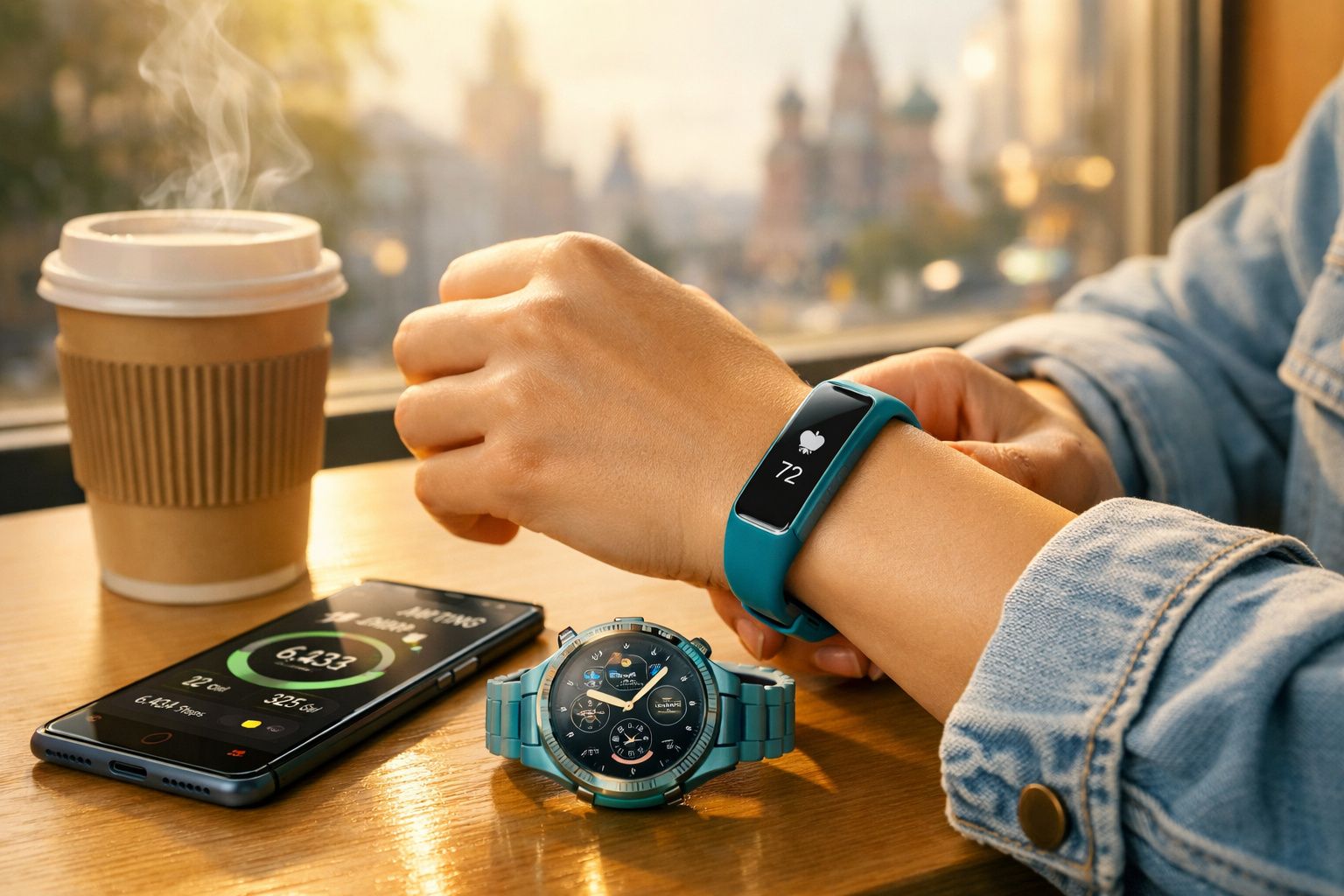 Pessoa com pulseira fitness azul verificando batimentos cardíacos, relógio tradicional e celular com app de saúde na mesa.