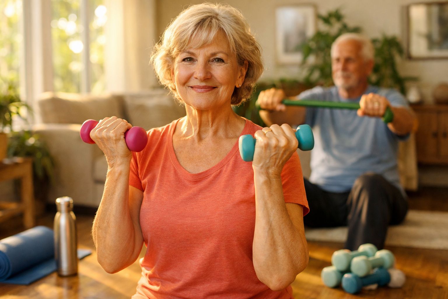 Mulher idosa sorridente exercitando com halteres coloridos, homem ao fundo usando faixa elástica.