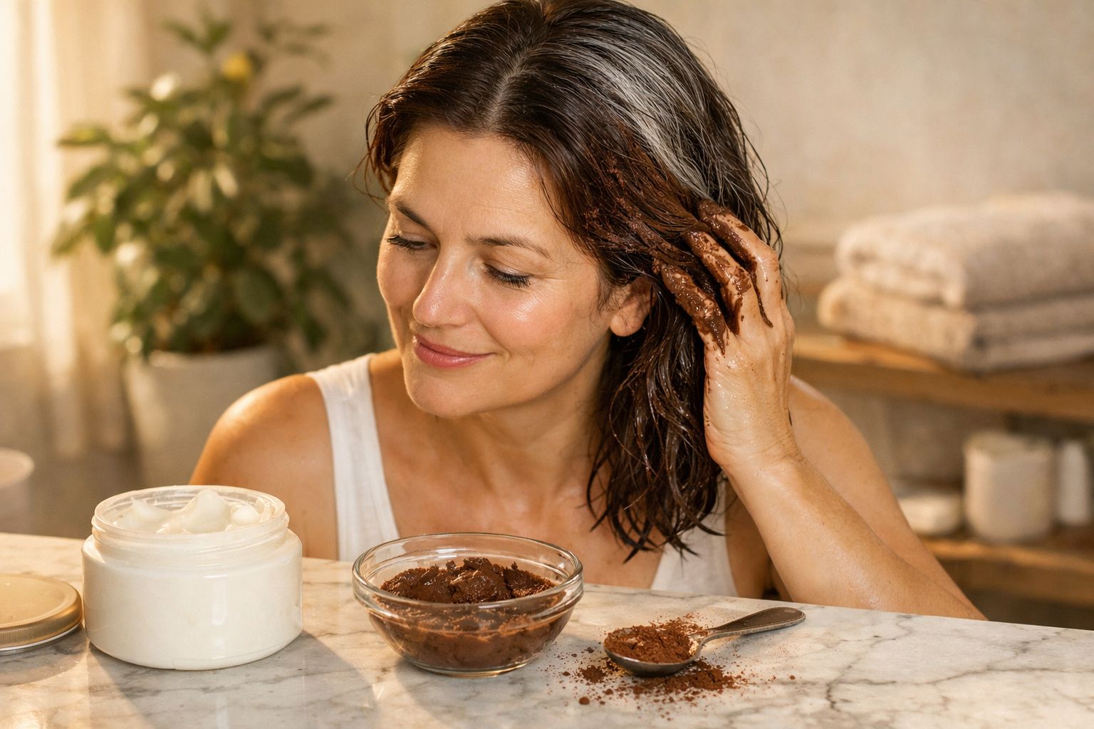Mulher aplicando máscara capilar caseira com ingredientes naturais em ambiente aconchegante.