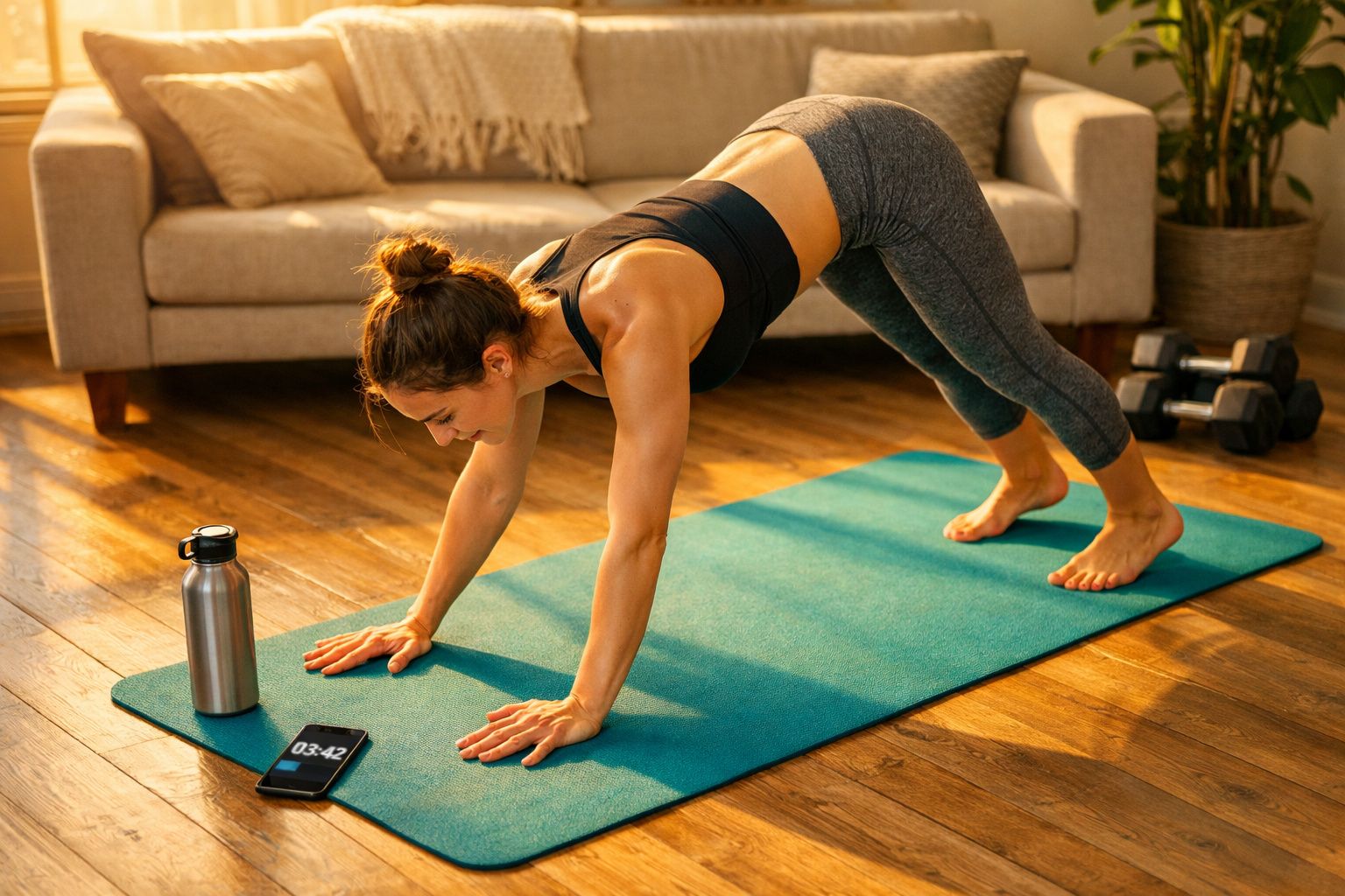 Mulher fazendo exercício de yoga em tapete azul na sala, com garrafa e celular ao lado.