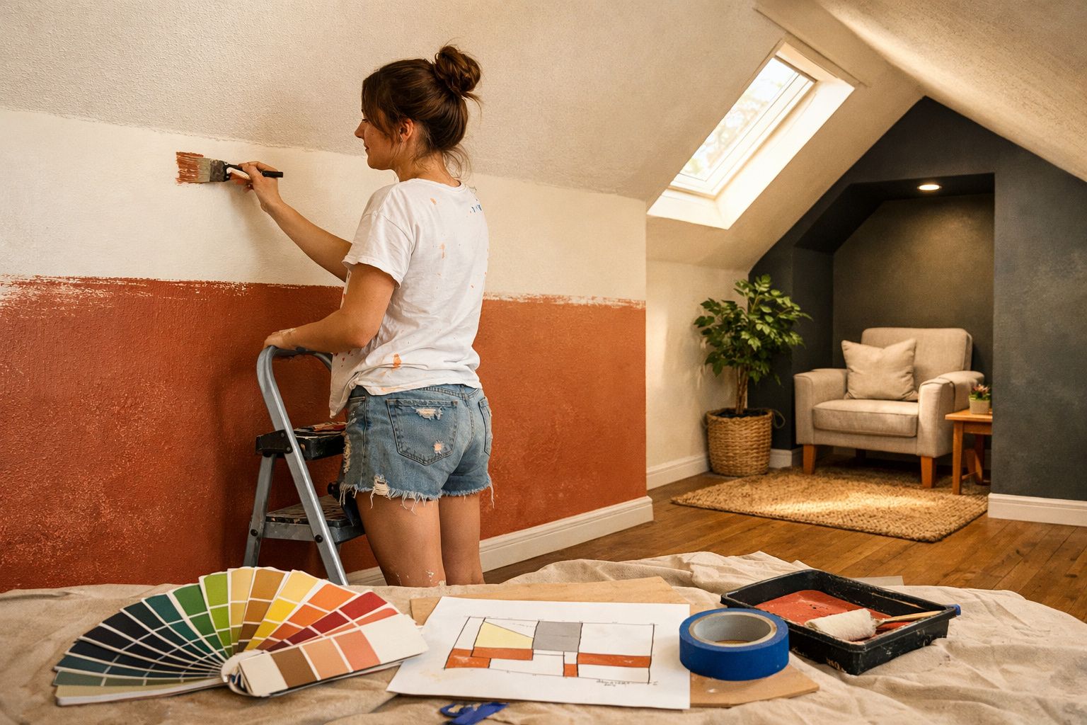 Mulher pintando parede de tom terracota em sala com madeira clara, amostra de cores e fita azul ao lado.