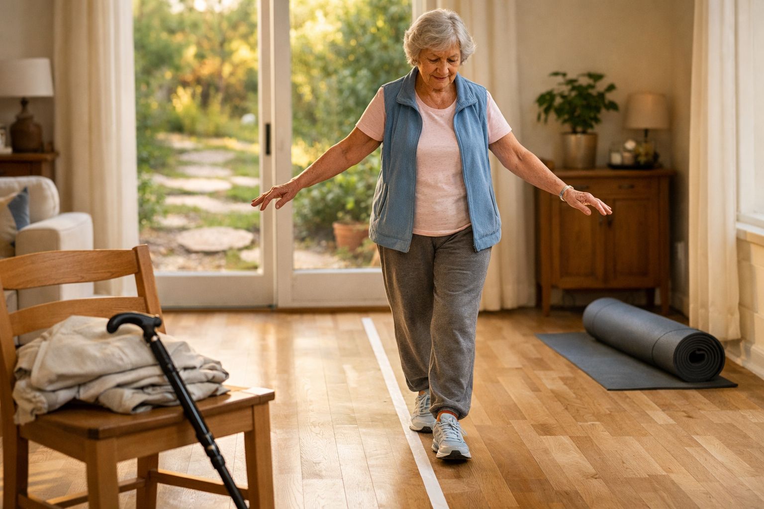 Mulher idosa equilibrando-se ao caminhar sobre uma linha branca no piso de madeira dentro de casa.